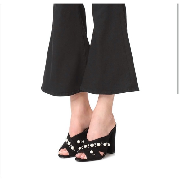 SCHUTZ Black Suede Imitation Pearl Deco. Heel Open Toed Mule - Picture 2 of 9